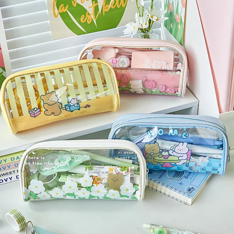 Ins Small Fresh Cartoon Pencil Case Kawaii Transparent Pencil Bag Korean  Stationery Large Capacity Storage Pouch School Office - AliExpress