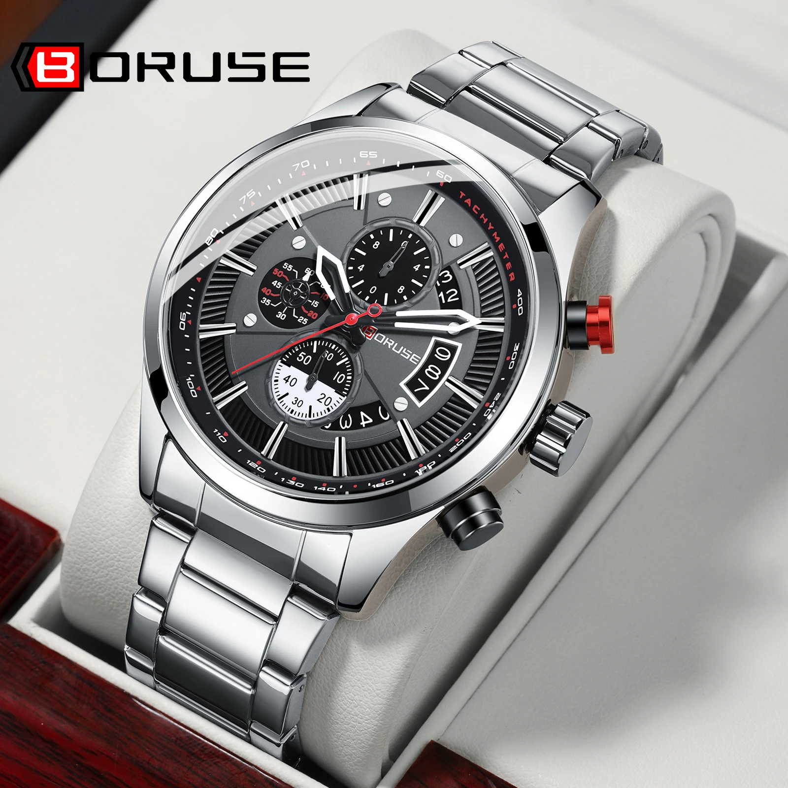 BORUSE  Luxury Mens Silver Stainless Steel Wristwatches Waterproof Quartz Watch for Men Date Clock With Box Relogio Masculino