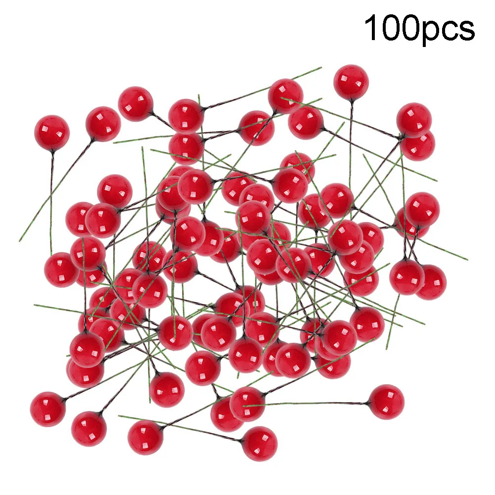 

100pcs Faux Red Fruit Bunches Simulated Red Fruit Dried Flower Artificial Fake Holly Berry Xmas Tree Festival Holiday Decoration