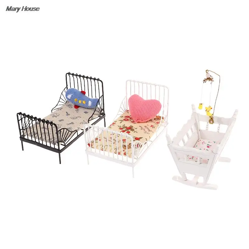 

1Set 1:12 Mini European Iron Bed Dollhouse Miniature Cradle Bed Mattress Cushion Hanging Model Toys Furniture Bedroom Decor Toy