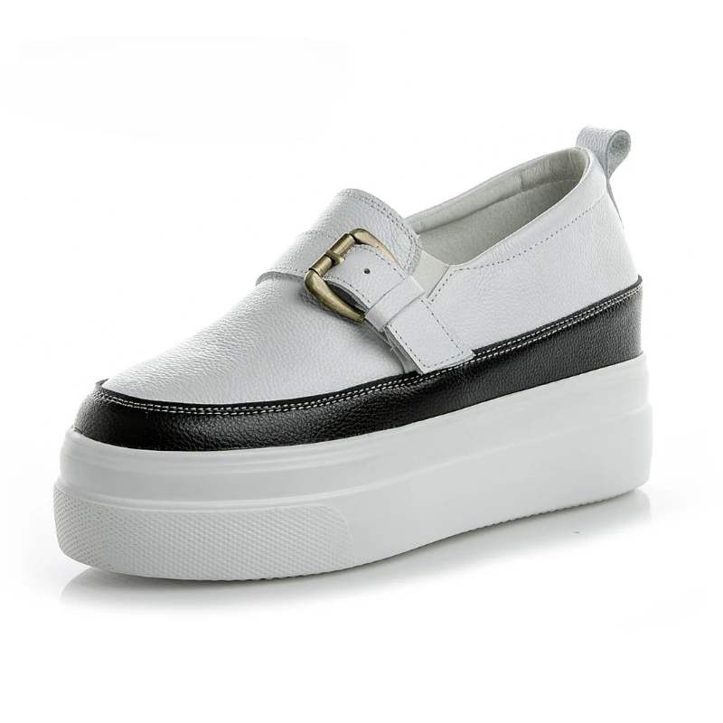 

7cm Platform Wedge Women Shoes Genuine Leather Slip on Buckle Hidden Heel Chunky White Leather Women Sneakers Slipony