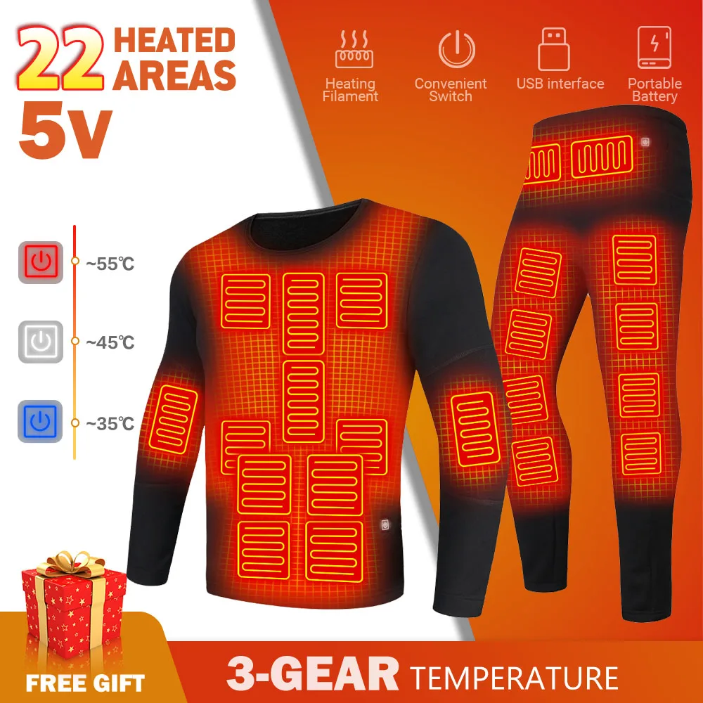 

22 Area Heated Underwear Suit Winter Thermal Underwear Men Heating Jacket Heating Thermal Underwear Heated Clothing USB Electric