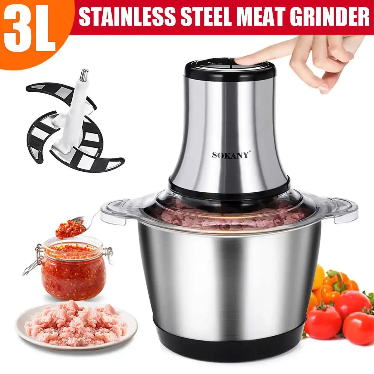 Pequeno Moedor de Carne Elétrico Doméstico Chopper Trituração Automática Processador de Alimentos Velocidades 3l 800w Aço Inoxidável