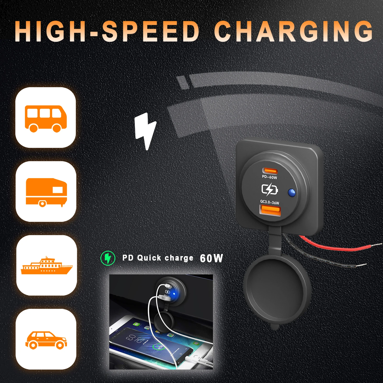 High-Speed Dual USB-C Power Socket with 60W PD & QC3.0 Charger