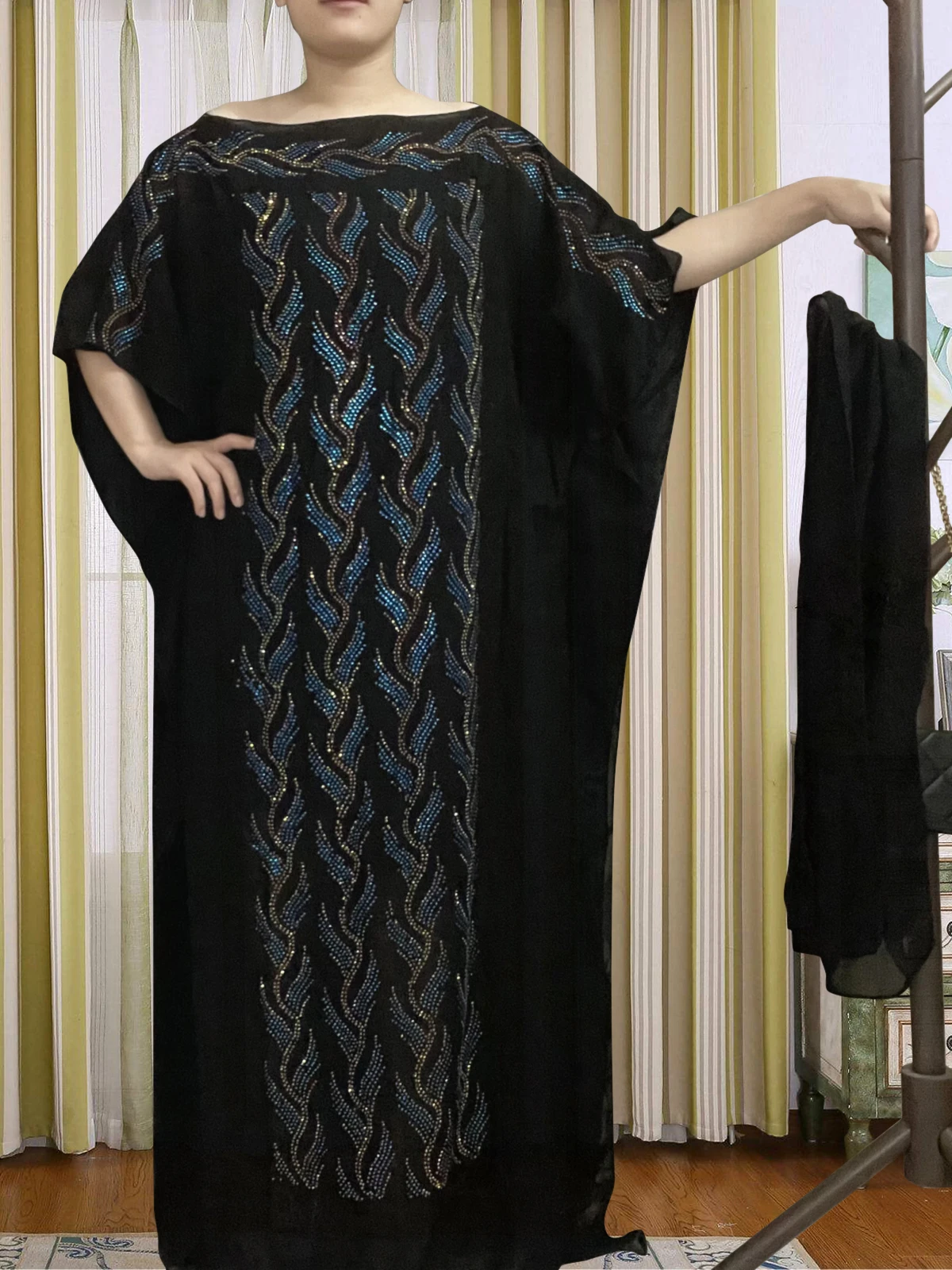 Muslim Abayas For Women Dubai Turkey Islam Djellaba Abayas 2022 Black Set Auger Long Loose Dresses Round Neck African With Hijab