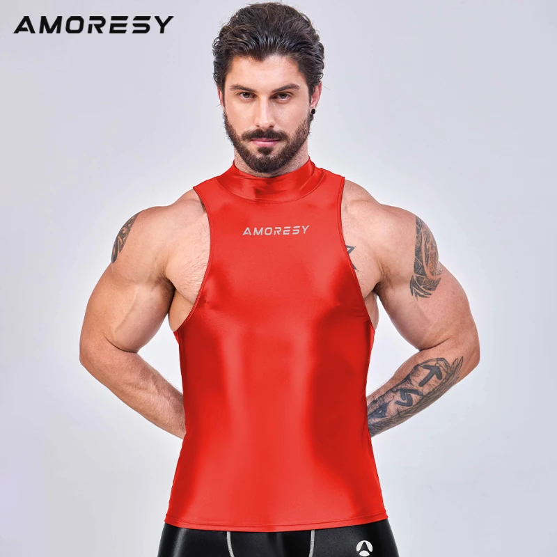 AMORESY men gloss High neck sports vest Shiny breathable Tights smooth yoga workout Training clothes