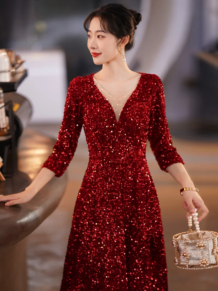 Wine Red Sequin Engagement Dresses 2022 Elegant V-Neck A-Line Tea-Length  Women Wedding Evening Party Daresses With 3/4 Sleeves