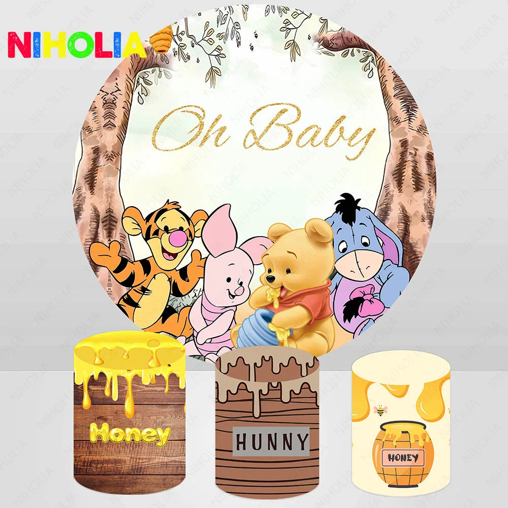 

Winnie The Pooh Backdrop Round Cover Kids Birthday Party Decoration Honey Photography Studio Background Baby Shower Banner