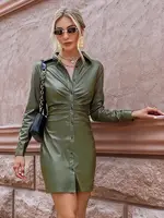 Vintage shirring buttons solid pu lapel women dress green Sexy long sleeves sheath mini dressess