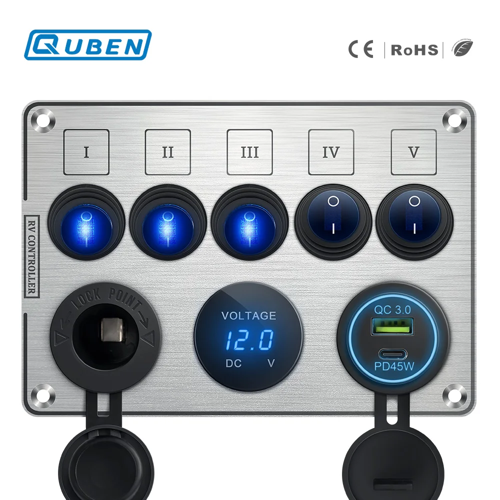 QUBEN 듀얼 USB QC3.0 소켓 충전기/LED 전압계/토글 스위치 RV 요트 자동차 보트 트럭 차량 밴용 다기능 패널