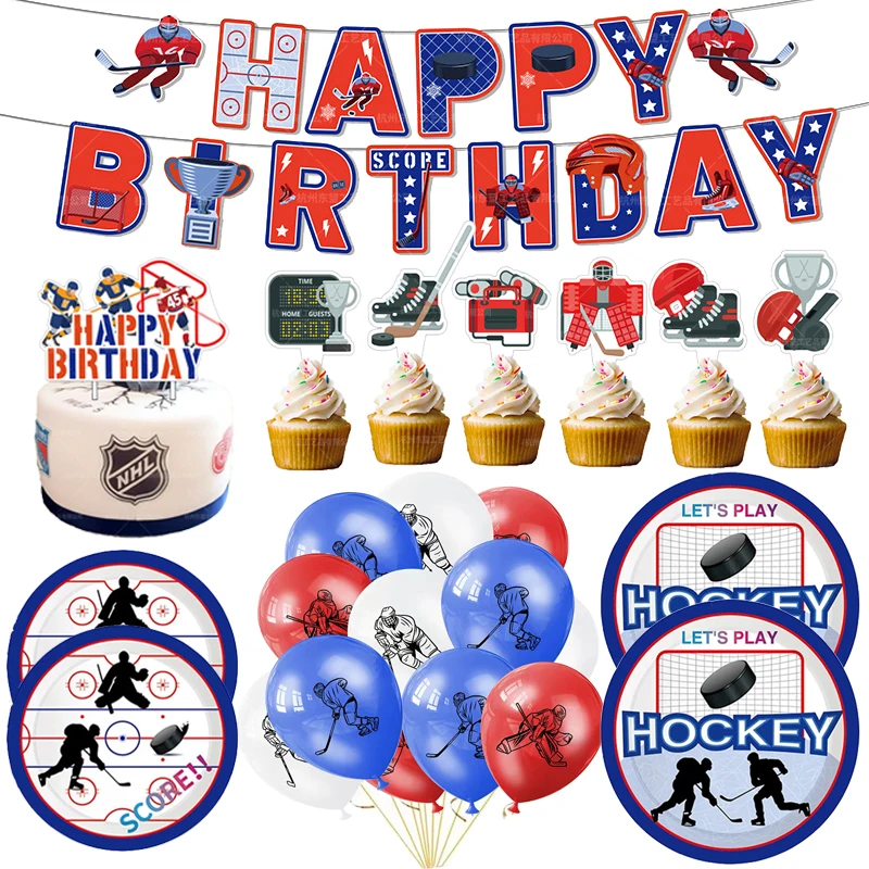 hockey theme Party Favor Paper plates Cups Banner balloon Birthday Sports hockey balloonn Cake Topper Party Supplies Decoration images - 6