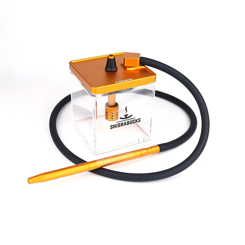 

Hookah Shishabucks Travel-size Cube hookah from Gold Anodized Aluminum and Square Acrylic Water Base