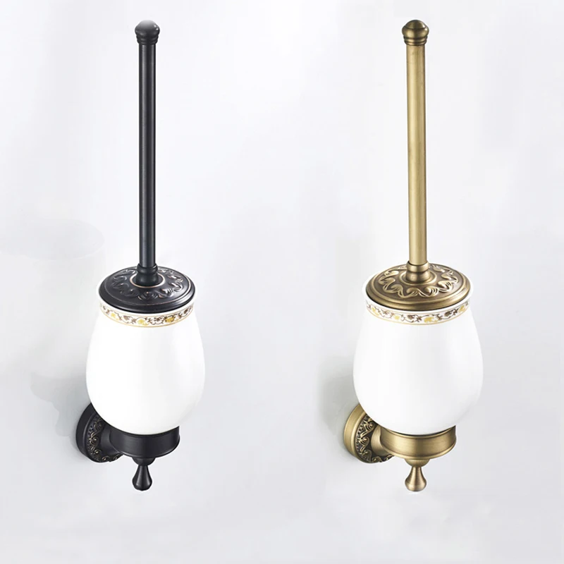 Bathroom Brass Carved Round Chassis Antique Craft Embossed Toilet Black Toilet Brush Holder Set Bathroom Accessories