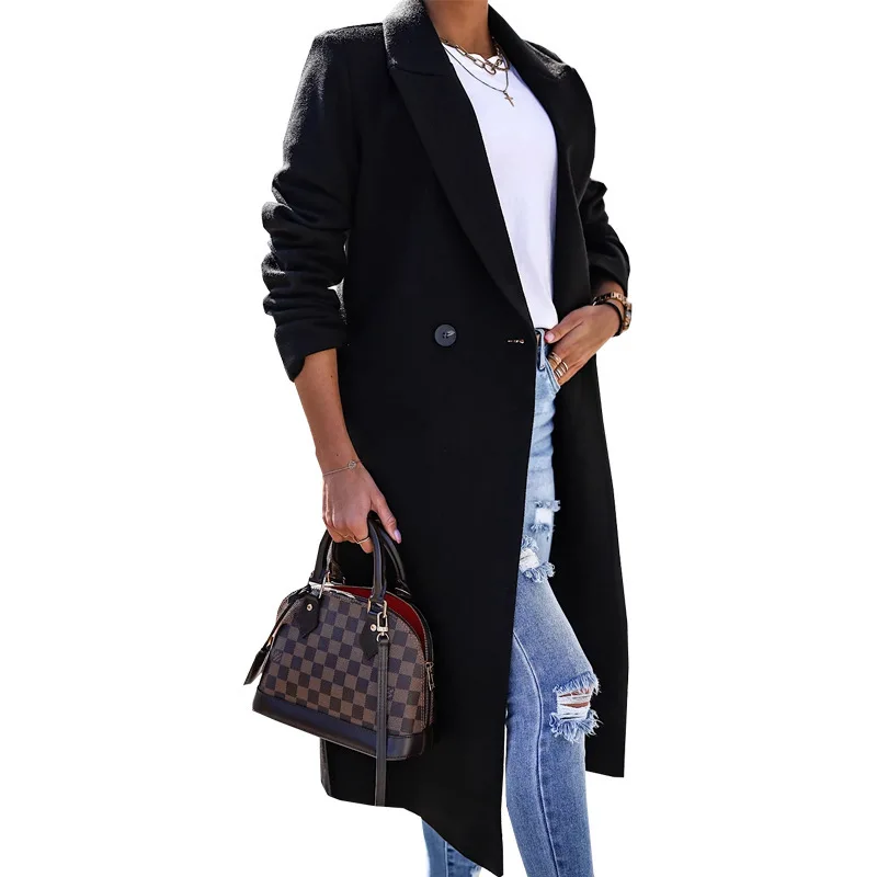 Autumn and Winter Women's Solid Color Loose Fit Spliced Long Sleeve Polo Button Woolen Cardigan Fashion Casual Commuter Coat