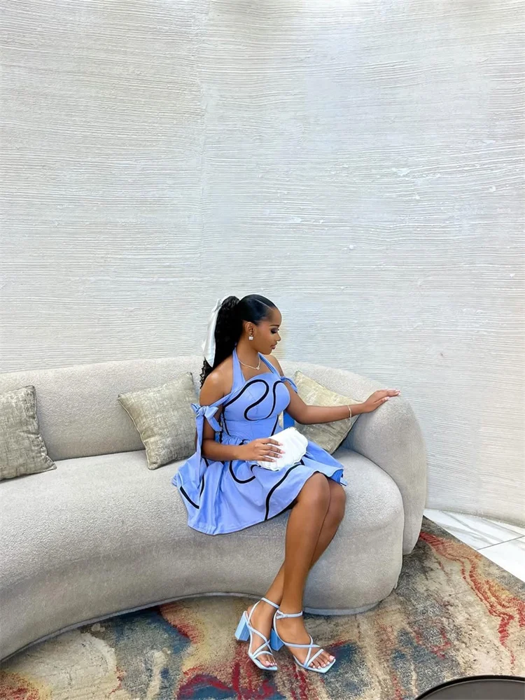 Wmstar Dresses for Women 2025 Halter Print Off Shoulder High Waist Pleat Sweet Mini Dress summer Wholesale Dropshipping New