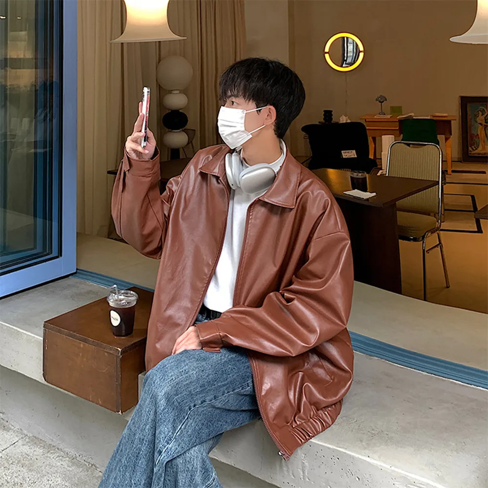 Vintage Leather Jackets Men Moto Coats Streetwear American