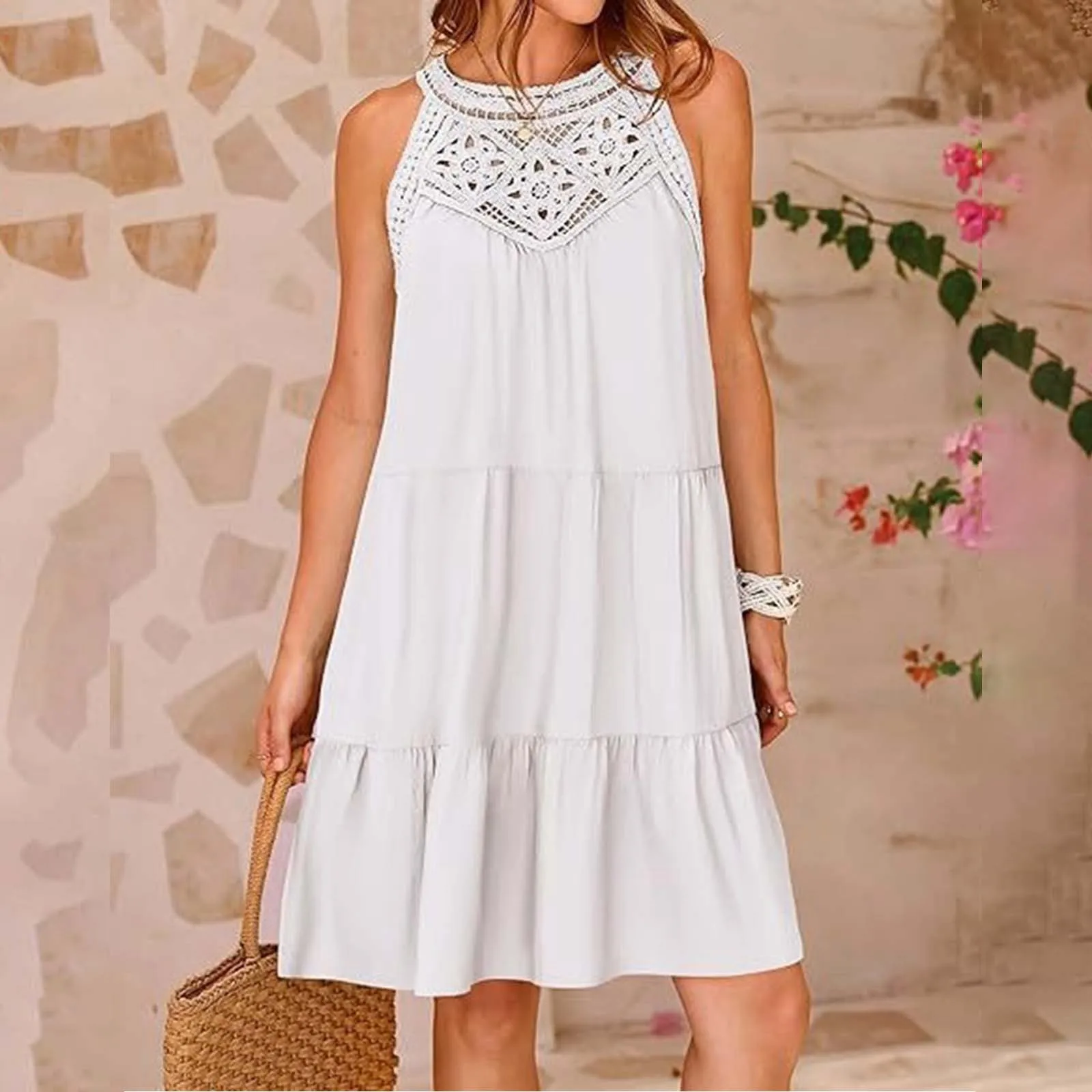 

Summer Women's Beach Dress Sexy Halter Sleeveless A-Line Mini Dress Casual Loose Swing Flowy Sundress Vestidos 2024