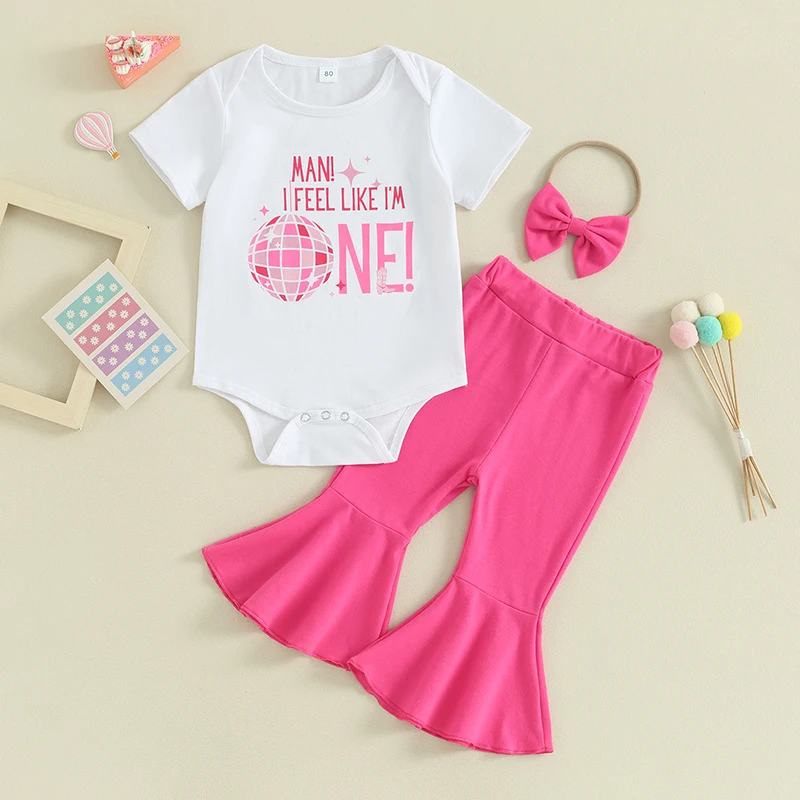 

Newborn Baby Girls First Birthday Outfits Short Sleeve Letter Print Romper Flare Pants Headband 1St Cake Smash Clothes