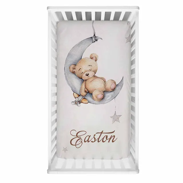LVYZIHO Sleeping Bear Custom Name Crib Sheet Set, Sleeping Bear Sleep on Moon Crib Bedding Set, Baby Shower Gift Bedding Set 2