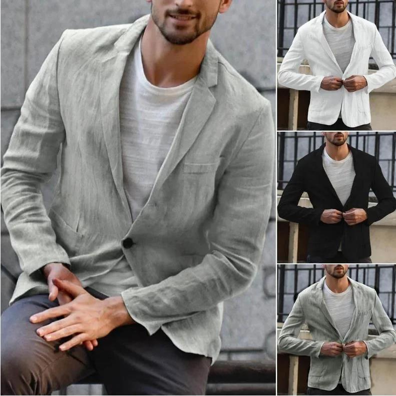 2023 Men's Suit Autumn Cotton Linen Loose Solid Color Thin Regular Casual Suit Coat