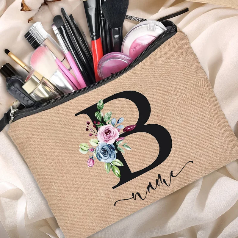 Linen Makeup Bag Customized Personalized Name Cosmetic Bag Bridesmaid Clutch Outdoor Travel Beauty  Bachelor Party Lipstick Bag 5