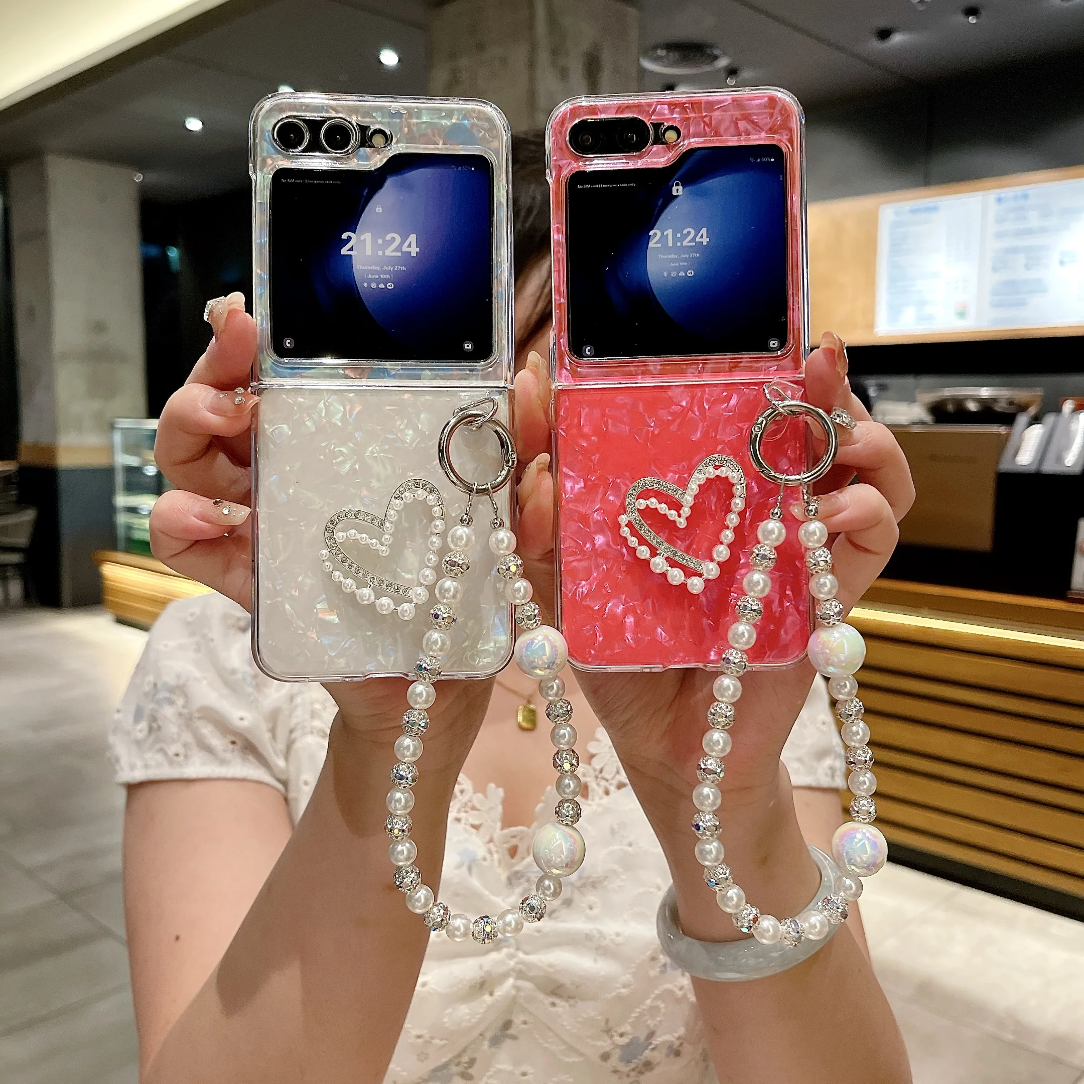 Für Samsung Galaxy Z Flip 3 4 5 6 Mode Shell Herz Perle Kette Telefon Fall Abdeckung_voghion.com