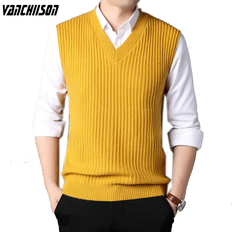 Mens Brand Knit Tank Jumper Solid Yellow Black Casual Basic Sweater Pullover Sleeveless for Autumn Winter V Neck Fashion 00009