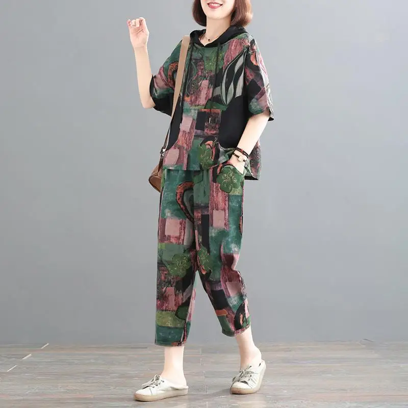 Summer New Women's Pullovers Printed Hoodies Drawstring Fashion Loose Short Sleeve Two Piece Casual Cotton and Linen Set