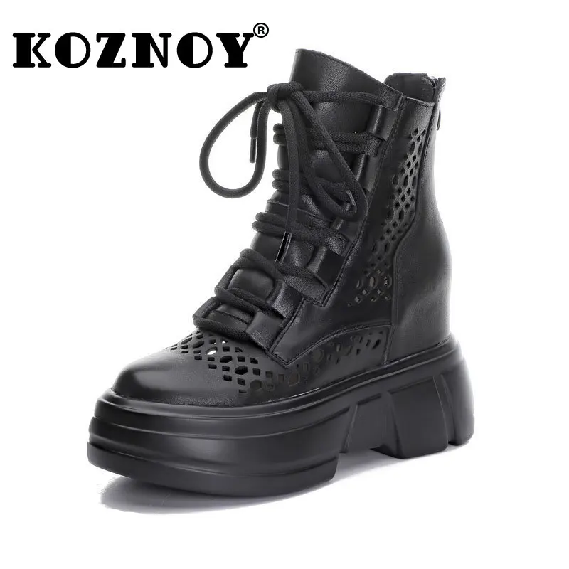 

Koznoy10cm Moccasins Zipper Soft Fashion Sandals Shoes Women's Ankle Boots Genuine Leather Breathable Summer Hollow Women Ladies