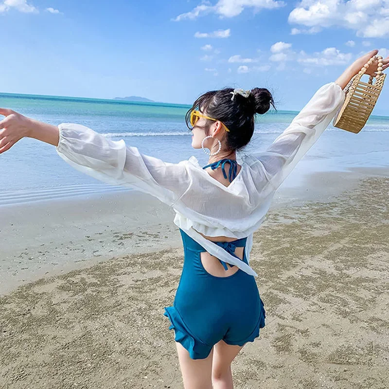 

Blue Bikini Simple Korean Style Long Sleeve Swimsuit Coverup Bikini Sets Women 2 Pieces Swimming Solid High Waist Swimsuit