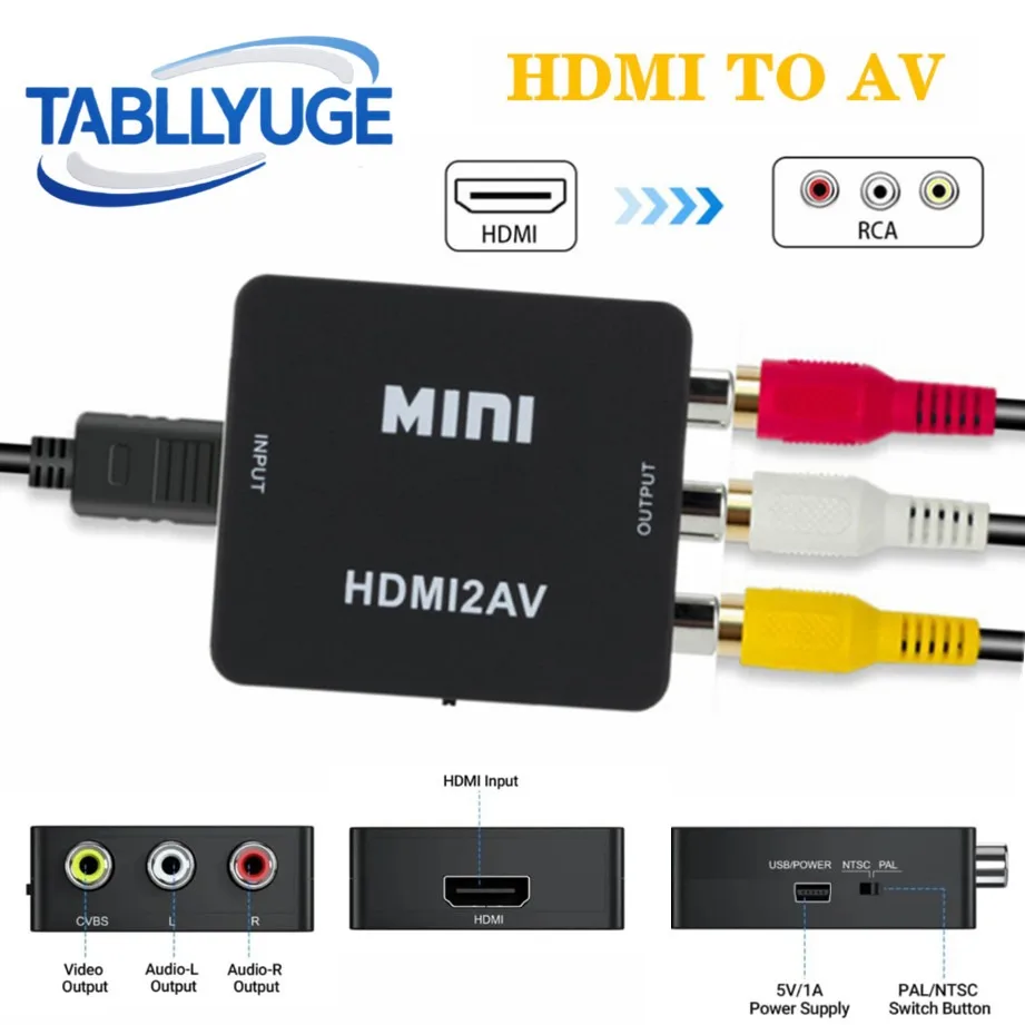 TABLLYUGE 1080P HDMI 호환 AV RCA 변환기 박스 HDMI2AV 어댑터(USB 케이블 포함) PC HDTV 프로젝터용 NTSC PAL 지원