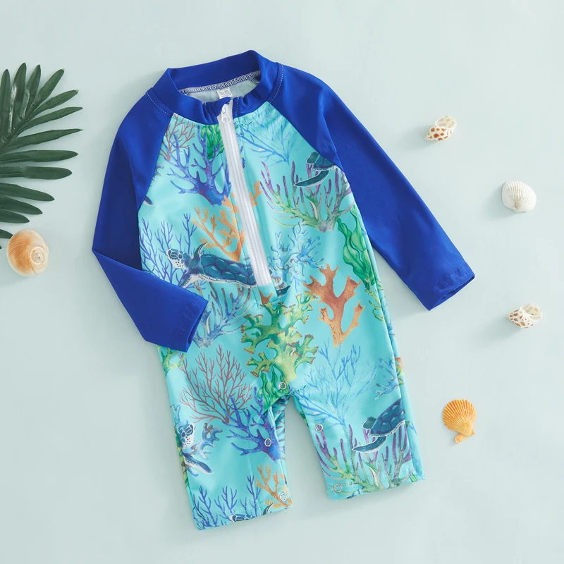 

EWODOS 1-5 Years Kids Boys Rash Guard Swimsuit Long Sleeve Turtle Coral Print Swimwear Boy Sunscreen Bathing Suit Beachwear