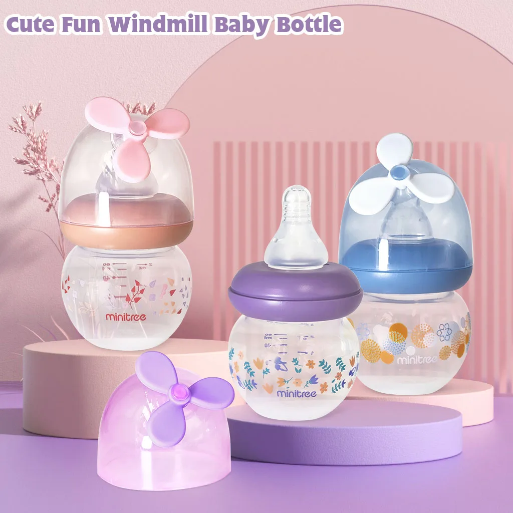 0-6 months newborn baby mini bottle, 60ml creative small windmill baby bottle, fall-proof and anti-colic PP bottle, BPA-free 3