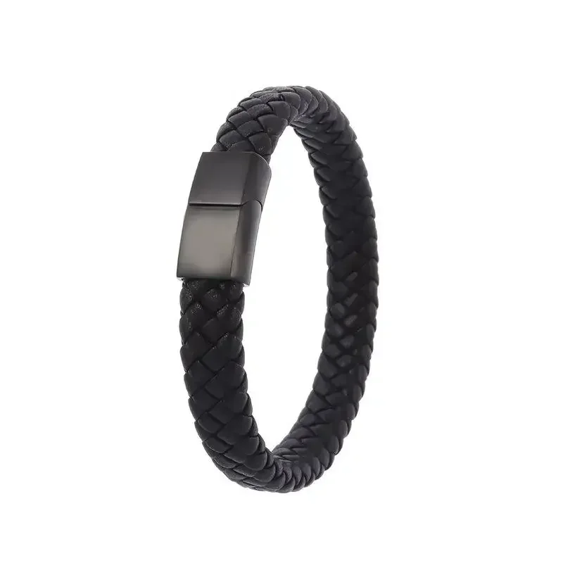 Vintage Handwoven Black Leather Bracelet with High Quality Metal Buckle Suitable for Men's Personalized Charm Wristband Jewelry 2