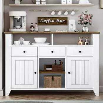 47" Farmhouse Coffee Bar Cabinet with Storage – White Buffet Table with 3 Drawers & 2 Doors 1