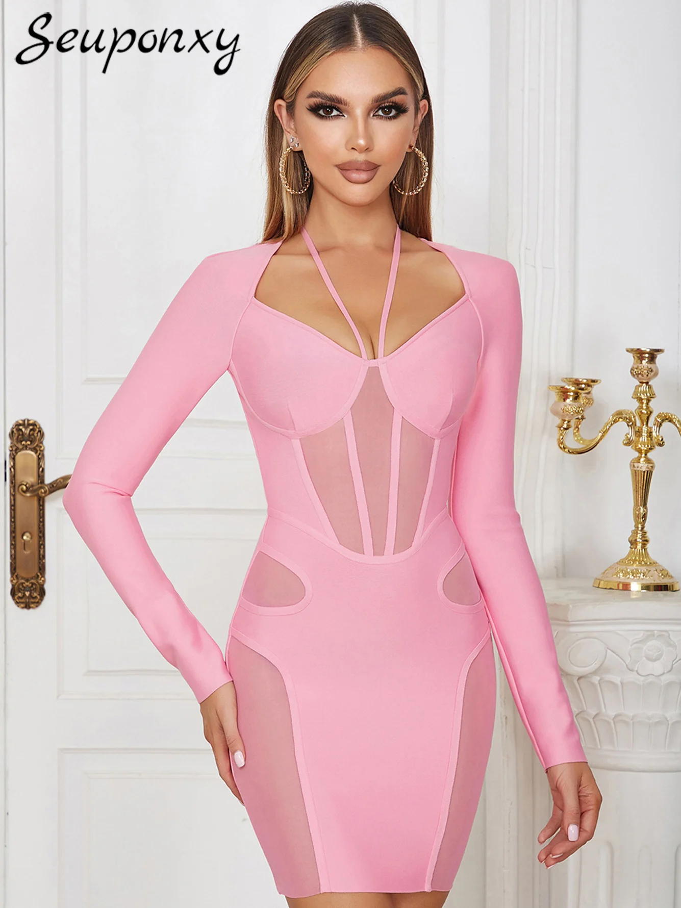 

High Quality Pink Sexy Neck Hanging Long-Sleeved Mesh Patchwork Fashion Women'S Elegant Evening Party Club Bandage Dress Vesidos