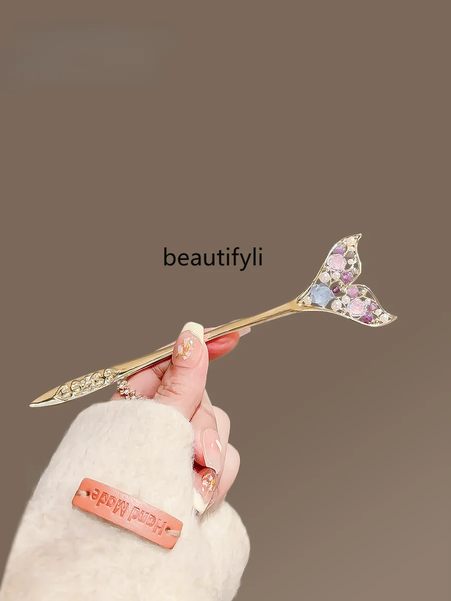 Glass Flower Fishtail Hairpin for Women Niche Hair Clasp High Sense on the Back of the Head Updo Pin Minimalistic Headdress