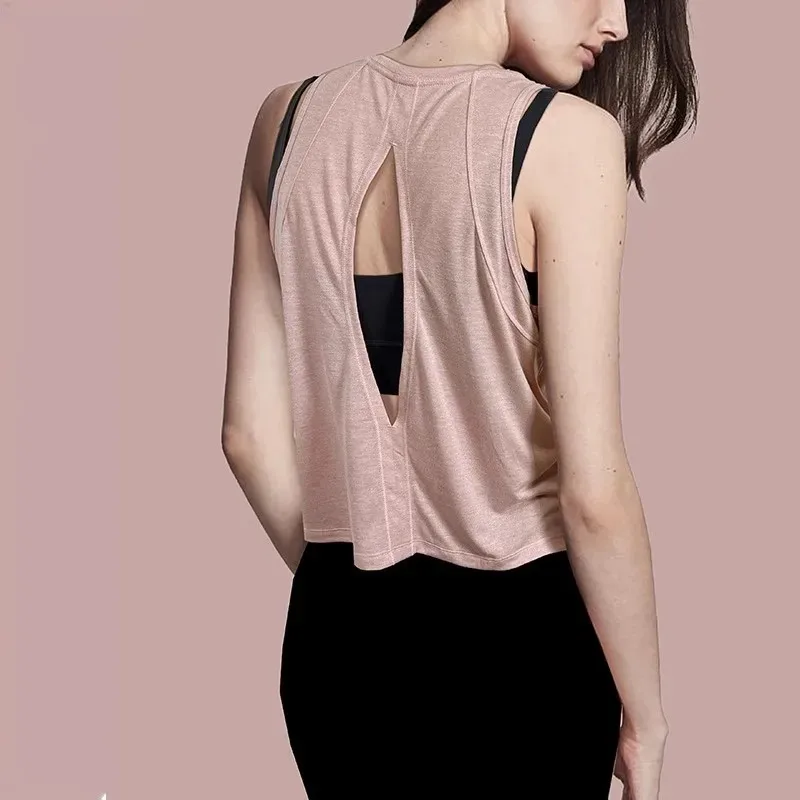 Women Summer Yoga Tank Top Back Split Open Back Breathable Round Neck Sleeveless Vest