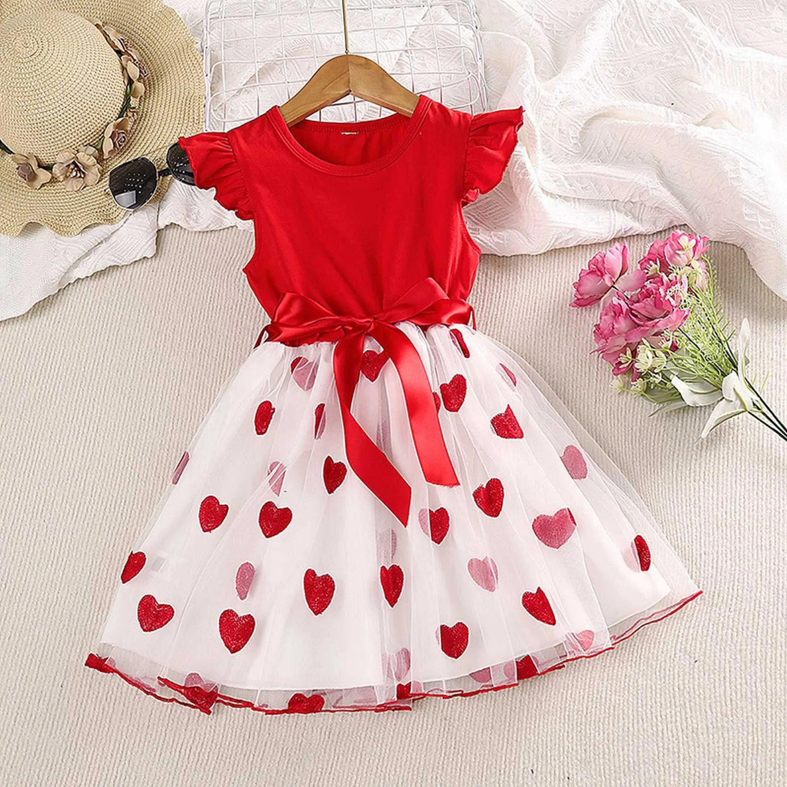 

Kids Girls Tulle Dress Heart Print Sleeveless Lace Mesh Patchwork Princess Dress Sundress Wedding Party Dresses Vestidos 2023