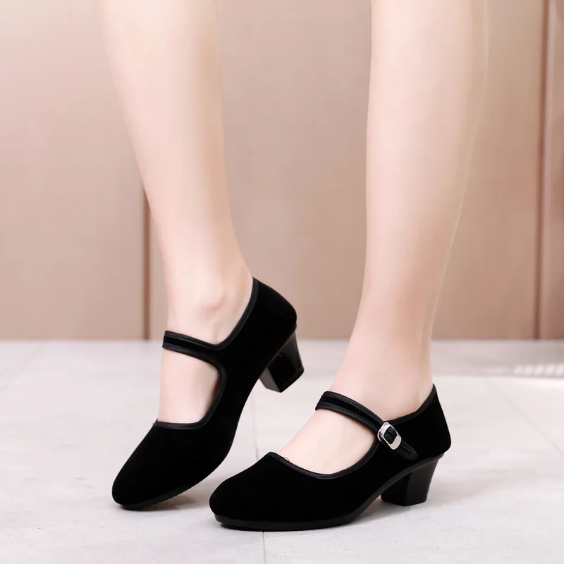 34-40 Women High Heels Shoes Spring Autumn Pumps Platform Old Beijing Cloth Shoe Casual Zapatos Buckle Strap Solid Work Footwear 3