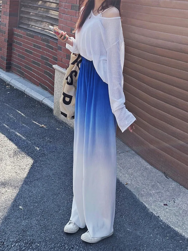 Summer Thin Chic Gradient Color Wide Leg Pants Floor Length Pleated Chiffon Ins Trousers Ulzzang Korea Fahion Color Block Pants