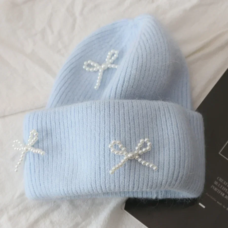 Korea Ins Bowknot Pearl Knitted Hats Angora Rabbit Fur Y2K Winter Hat Women Girls Fluffy Warm Beanies Plush Thick Skullies Caps 5