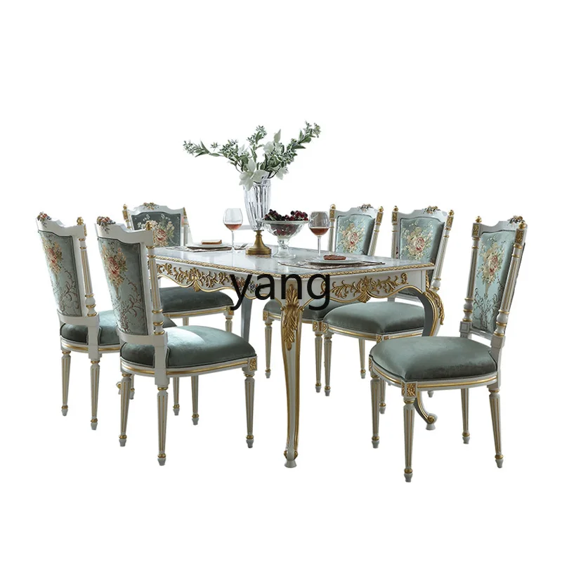

LXL Living Room Solid Wood Carving Dining Tables and Chairs Set Romantic Hand Painted Flower Drawing Gold Foil Dining Table