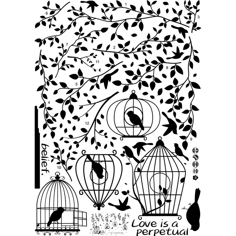 Black Garden Bird Cage Plants Tree Branch Wall Stickers Removable Living Room Wall Decals DIY Art Stickers Decoration 50x70cm,wall stickers,wall sticker