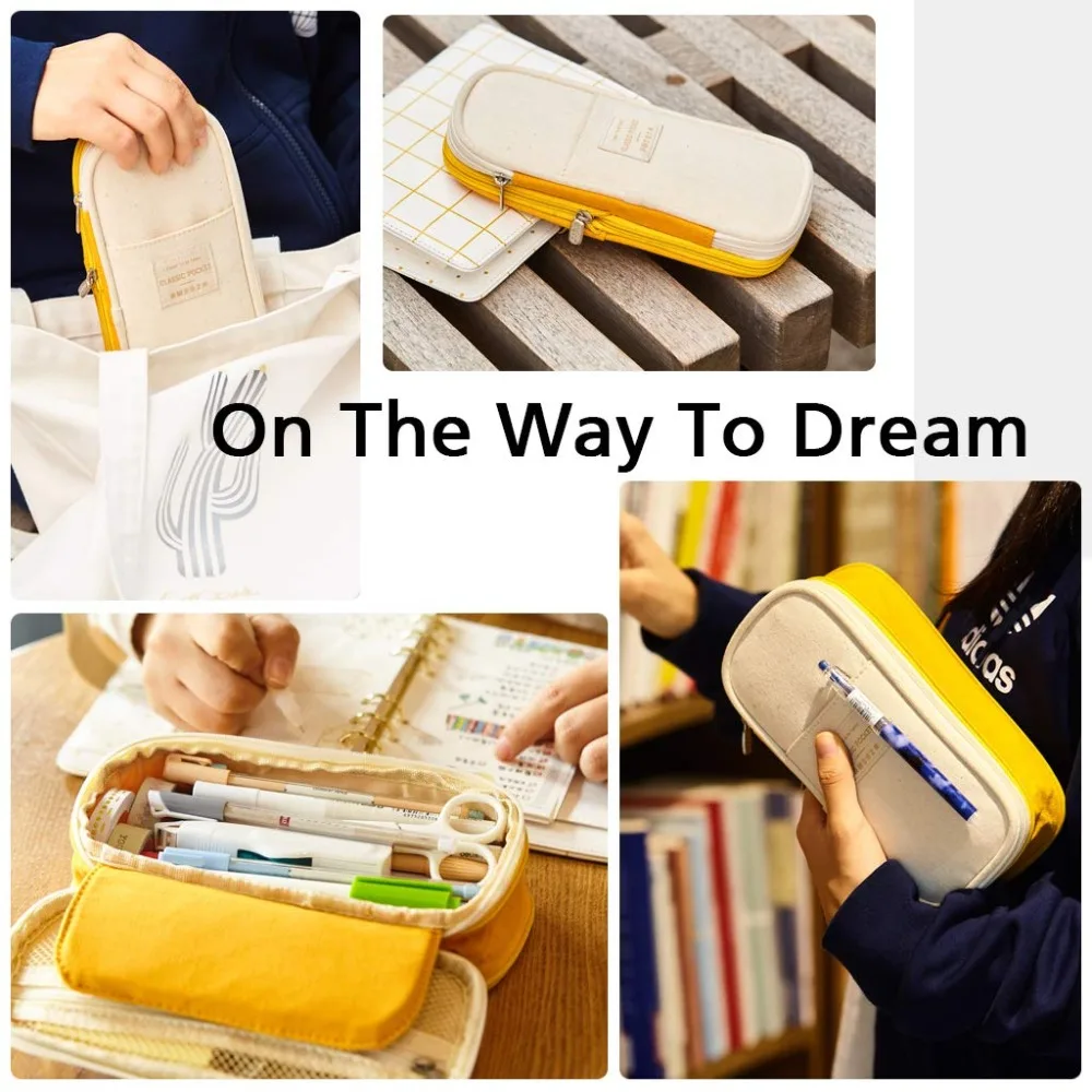 Pencil Case Kawaii Macaron Color Canvas Stretch Double Layer Large Capacity Pencil Box Cute Kids School Stationery pencil cases