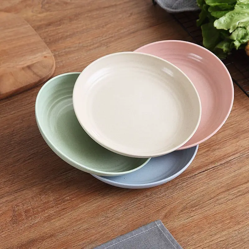 Set(8pcs) Nordic Color 23CM Large Round Plate Home Shatter Resistant Wheat Straw Plate Microwave Oven Tableware