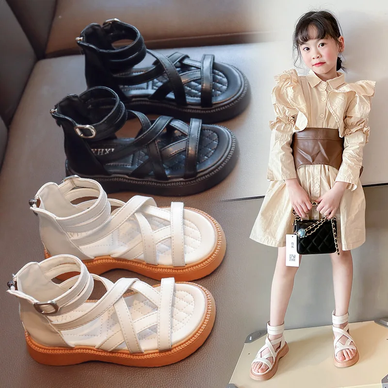 

Girls Sandals 2023 Summer High Top Zipper Children Roman Sandals Hollow Out Fashion Princess Sandals Kids Flat Casual Beach Sheo