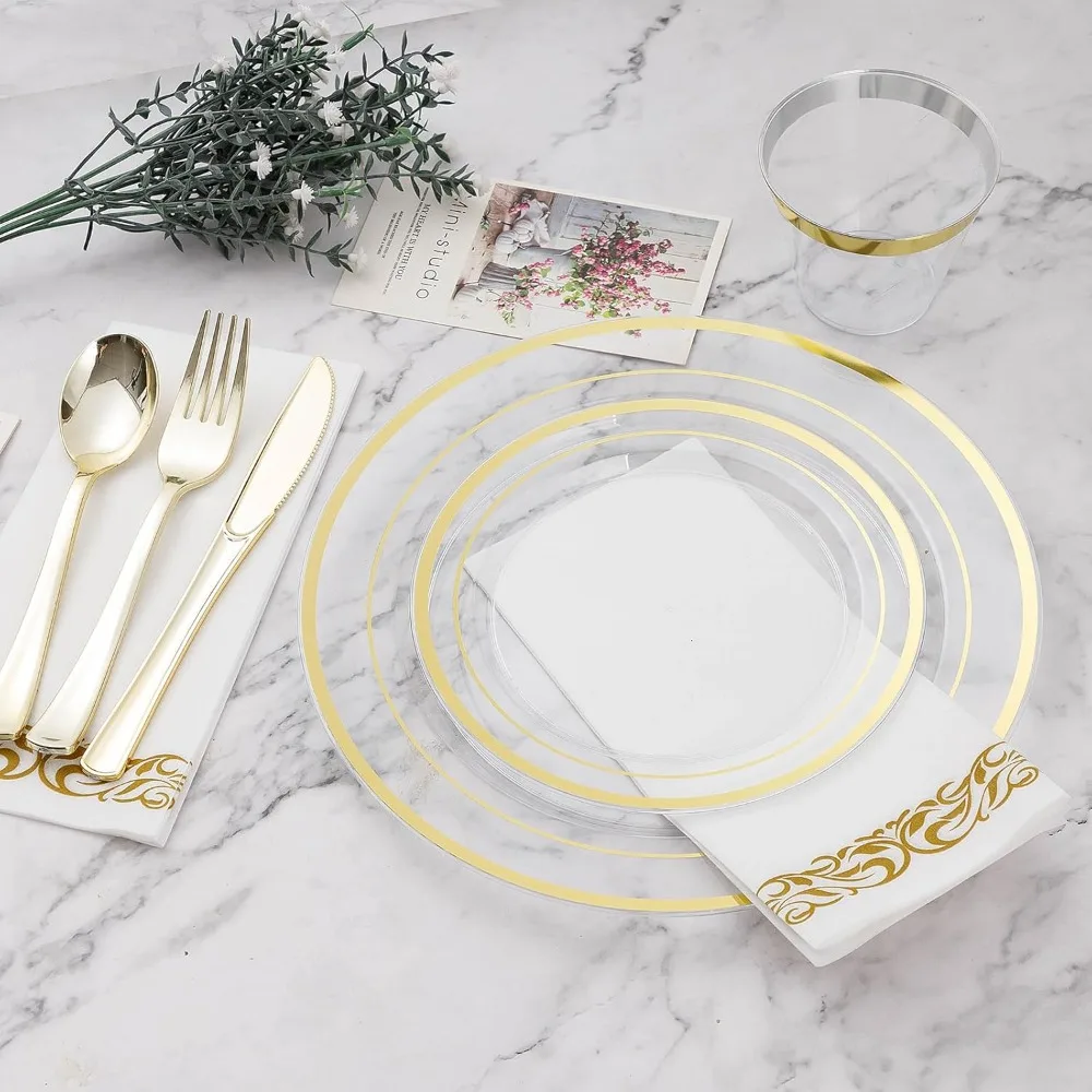 700PCS Clear Gold Disposable Dinnerware Set (100 Guests), Plastic Plates for Party, Wedding, Include: 200 Plastic Plates