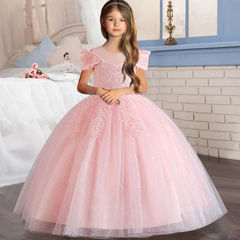 New sequin children\'s girls elegant wedding pearl petal girl dress princess party beauty pageant sleeveless lace tulle 4-12 year