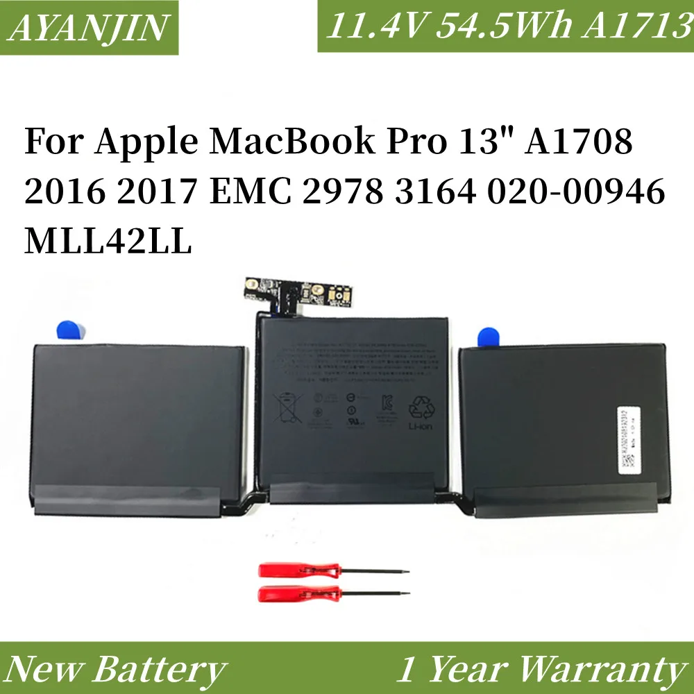 

11.4V 4781mAh A1713 Laptop Battery for Apple MacBook Pro 13" A1708 2016 2017 EMC 2978 3164 020-00946 MLL42LL Batteria AKKU